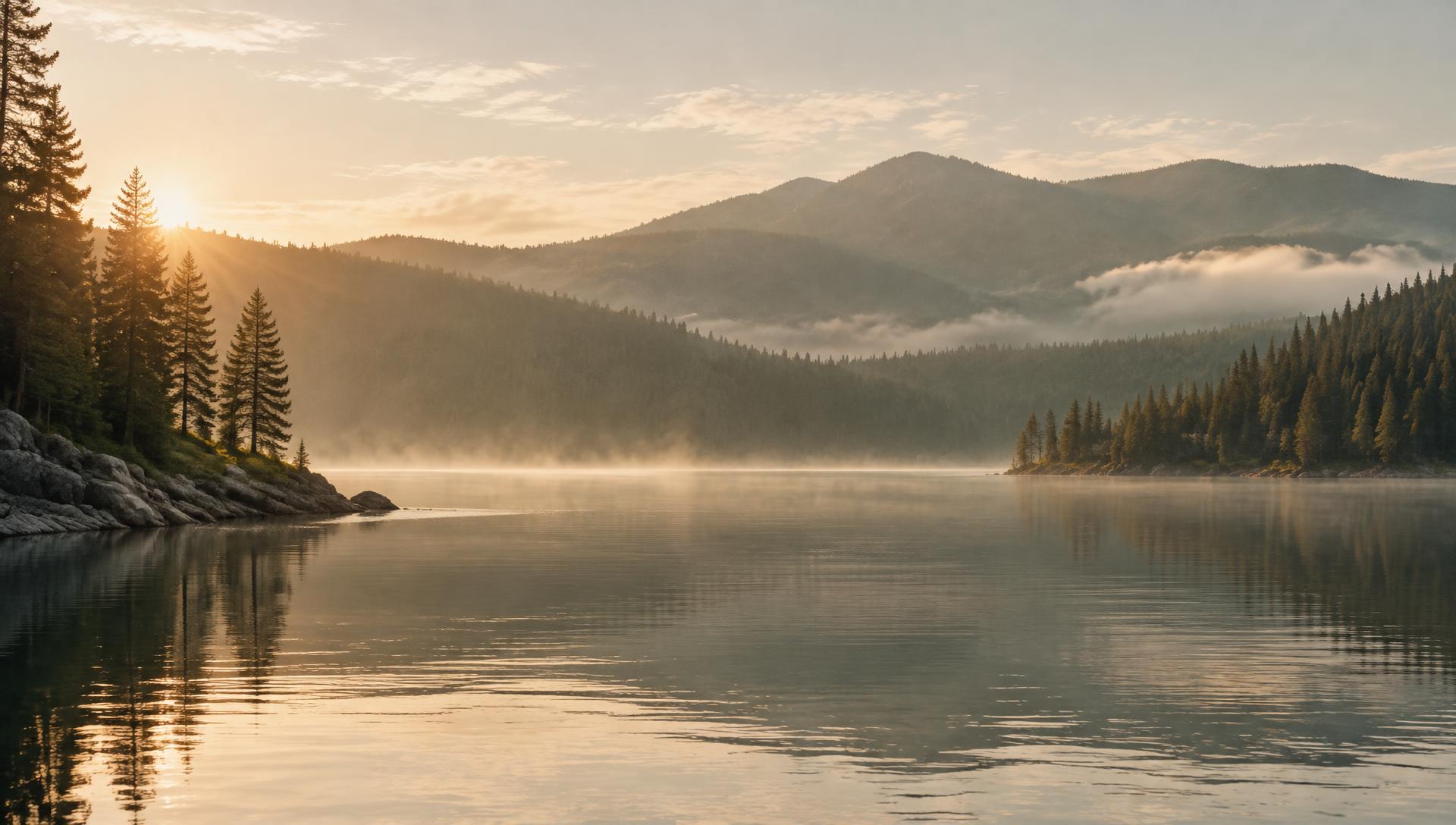 Morning mist over a calm lake framed by forested mountains near Coeur d'Alene