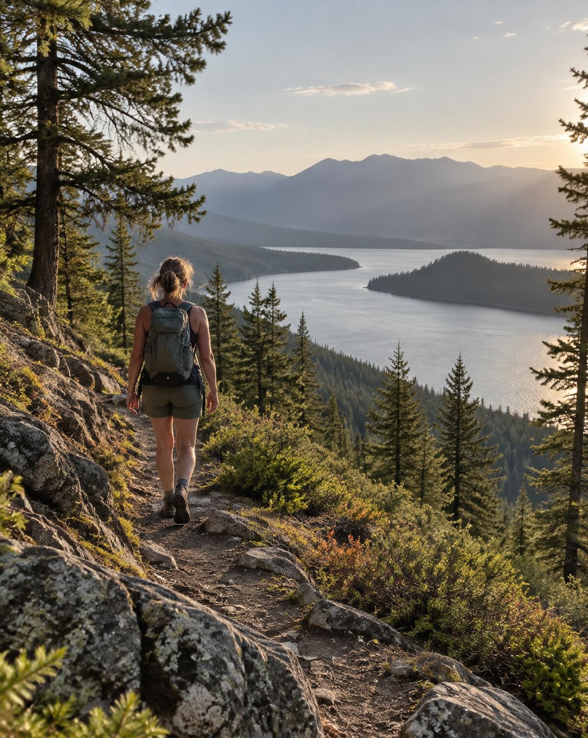 A hiker walking a forest ridge trail above a mountain lake at golden hour